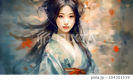 Portrait painting of a Japanese model in kimono, for advertising, beauty salons and massage studios 104301539