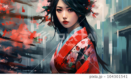 Portrait painting of a Japanese model in kimono, for advertising, beauty salons and massage studios 104301541