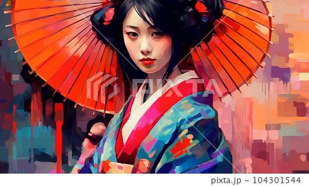 Portrait painting of a Japanese model in kimono, for advertising, beauty salons and massage studios 104301544