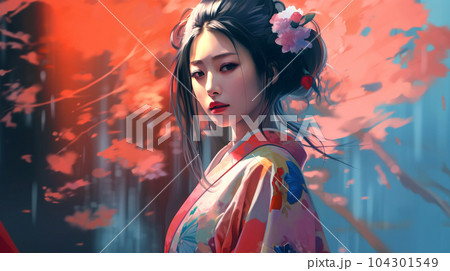 Portrait painting of a Japanese model in kimono, for advertising, beauty salons and massage studios 104301549