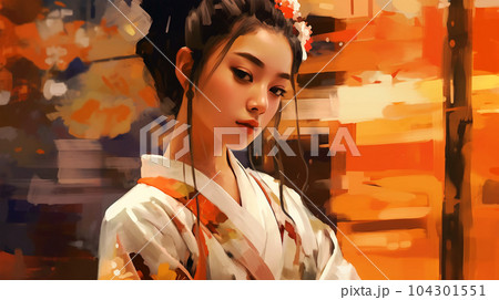 Portrait painting of a Japanese model in kimono, for advertising, beauty salons and massage studios 104301551