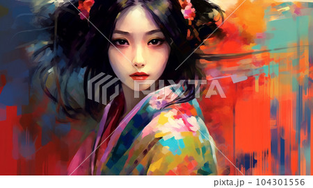 Portrait painting of a Japanese model in kimono, for advertising, beauty salons and massage studios 104301556