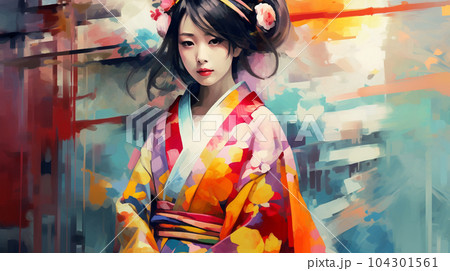 Portrait painting of a Japanese model in kimono, for advertising, beauty salons and massage studios 104301561