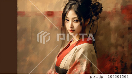 Portrait painting of a Japanese model in kimono, for advertising, beauty salons and massage studios 104301562