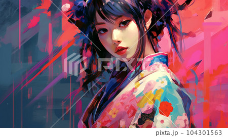 Portrait painting of a Japanese model in kimono, for advertising, beauty salons and massage studios 104301563