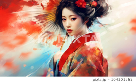 Portrait painting of a Japanese model in kimono, for advertising, beauty salons and massage studios 104301565