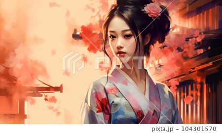 Portrait painting of a Japanese model in kimono, for advertising, beauty salons and massage studios Portrait painting of a Japanese model in kimono, for advertising, beauty salons and massage studios 104301570