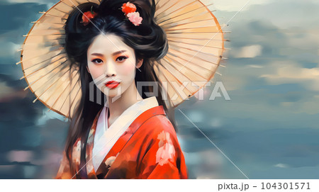 Portrait painting of a Japanese model in kimono, for advertising, beauty salons and massage studios 104301571