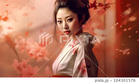 Portrait painting of a Japanese model in kimono, for advertising, beauty salons and massage studios Portrait painting of a Japanese model in kimono, for advertising, beauty salons and massage studios 104301576