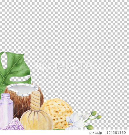 Tropical spa and bathroom accessories with orchid. Watercolor hand drawn illustration for spa salon and wellness center: salt, sponge, massage bag, bottle. Clipart for fashion, beauty, cosmetic prints 104301580