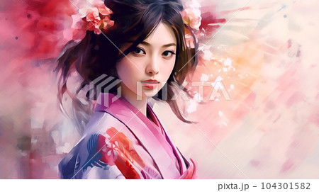 Portrait painting of a Japanese model in kimono, for advertising, beauty salons and massage studios Portrait painting of a Japanese model in kimono, for advertising, beauty salons and massage studios 104301582