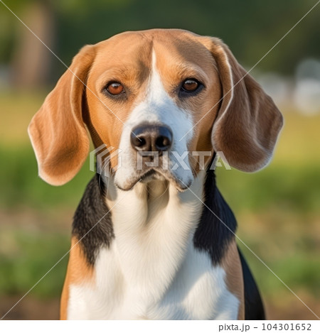 Beagle dog portrait in a sunny summer day. Closeup portrait of a purebred Beagle dog in the field. Outdoor Portrait of a beautiful Beagle dog in summer field. AI generated 104301652