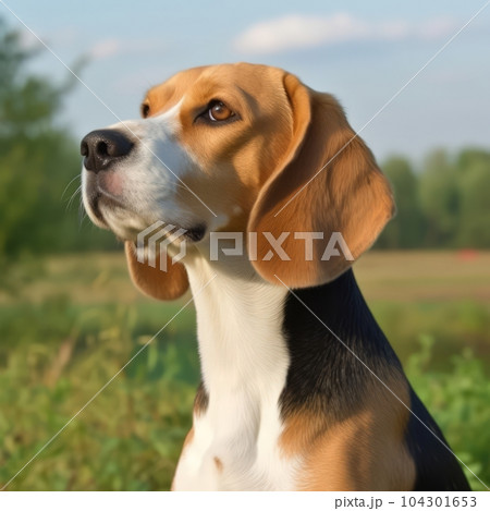 Profile portrait of a purebred Beagle dog in the nature. Beagle dog portrait in a sunny summer day. Outdoor Portrait of a beautiful Beagle dog in a summer field. AI generated 104301653