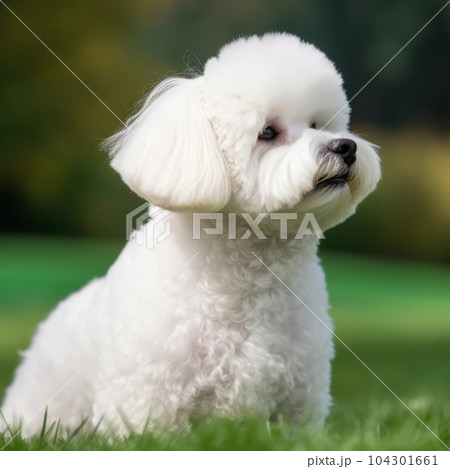 Bichon Frise dog profile portrait on a summer day. Side Portrait of a Bichon Frise dog sitting in a grassy green field. Outdoor portrait of a beautiful Bichon Frise dog in summer field. AI generated. 104301661