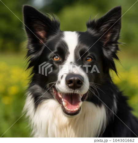 Border Collie dog portrait in a sunny summer day. Closeup portrait of a purebred Border Collie dog in the field. Outdoor Portrait of a beautiful Border Collie dog in summer field. AI generated 104301662