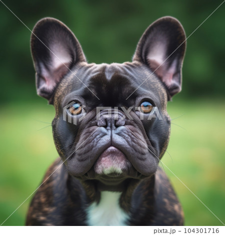 French Bulldog dog portrait in a sunny summer day. Closeup portrait of a French Bulldog dog in the field. Outdoor Portrait of a beautiful French Bulldog dog in summer field. AI generated 104301716