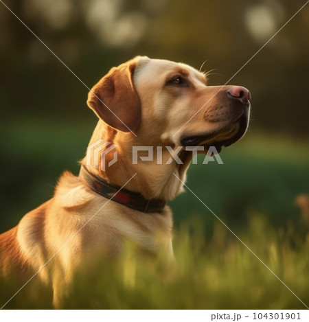 Profile portrait of a purebred Labrador Retriever dog in the nature. Labrador Retriever dog portrait in a sunny summer day. Outdoor portrait of a beautiful Labrador dog in a summer field. AI generated 104301901