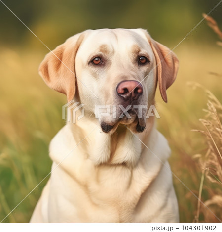 Profile portrait of a purebred Labrador Retriever dog in the nature. Labrador Retriever dog portrait in a sunny summer day. Outdoor portrait of a beautiful Labrador dog in a summer field. AI generated 104301902