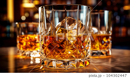 Glasses of whiskey in the background of a bar in a restaurant, alcoholic concept, expensive drink Glasses of whiskey in the background of a bar in a restaurant, alcoholic concept, expensive drink 104302447