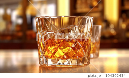 Glasses of whiskey in the background of a bar in a restaurant, alcoholic concept, expensive drink Glasses of whiskey in the background of a bar in a restaurant, alcoholic concept, expensive drink 104302454