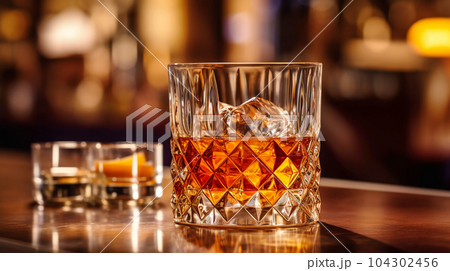 Glasses of whiskey in the background of a bar in a restaurant, alcoholic concept, expensive drink 104302456