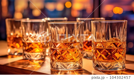 Glasses of whiskey in the background of a bar in a restaurant, alcoholic concept, expensive drink Glasses of whiskey in the background of a bar in a restaurant, alcoholic concept, expensive drink 104302457