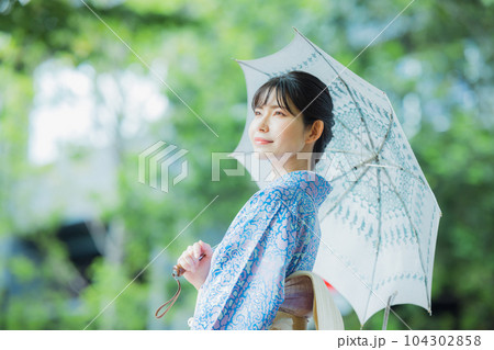 青い小紋 着物 日傘 青い小紋 着物 日傘 104302858