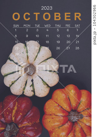 The October 2023 Calendar and pumpkins on black cardboard background. 104302966