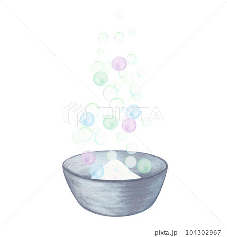 Laundry illustration. Grey metal basin, washing powder, bubbles. Watercolor on a white background. Hand drawn. For postcards Laundry illustration. Grey metal basin, washing powder, bubbles. Watercolor on a white background. Hand drawn. For postcards 104302967