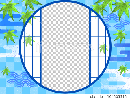 Shoji window frame with blue autumn leaves and Japanese pattern 104303513