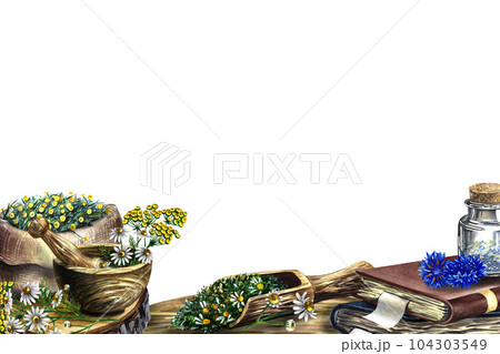 Medicinal herbs cornflower, chamomile and tansy. Frame, banner. Dried, crushed in a linen bag, in glass bottles and a wooden pot. Mortar and pestle crusher. Watercolor hand drawn illustration. 104303549