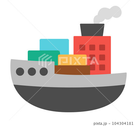 Vector barge with tubes, steam, freight. Water transport icon. Funny nautical transportation steam ship clipart for kids. Cute marine vehicle icon isolated on white background 104304181