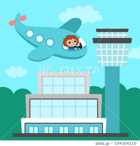 Vector square scene with girl flying airplane and airport and control tower. Transportation illustration. Cute kid driving transport. Air vehicle landscape. Cartoon child on a plane Vector square scene with girl flying airplane and airport and control tower. Transportation illustration. Cute kid driving transport. Air vehicle landscape. Cartoon child on a plane 104304210