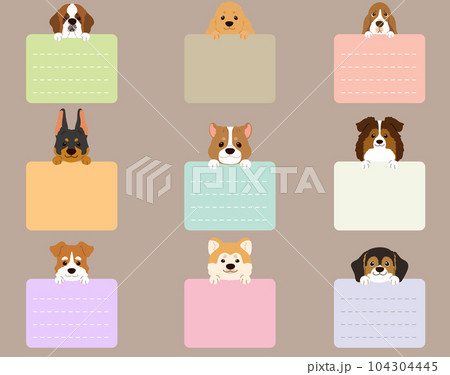 四角い形のメモを持つシンプルで可愛い犬の顔のイラストセットE  前足付き　主線なし 104304445