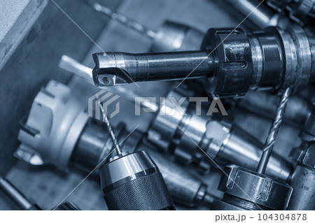 The group of various size of cutting tools in the container box. 104304878