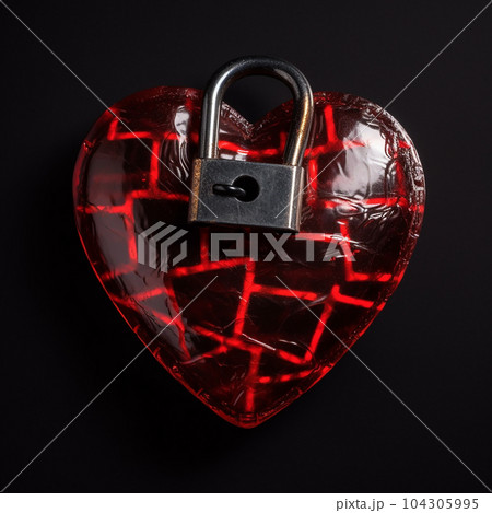 Red heart and padlock on black background, heart is locked, pick up key to heart Red heart and padlock on black background, heart is locked, pick up key to heart 104305995