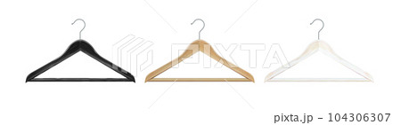 Clothes hanger isolated on white background. Wooden hanger Realistic vector clothes hanger wooden hanger closeup isolated on background. Design template, clipart or layout for graphics. Vector 104306307