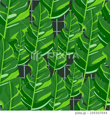 Hawaiian-inspired pattern. Fashionably exotic, palm trees and lush greenery wallpaper. Abstract backdrop botanical garden. 104307044