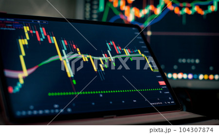 Technical price graph and indicator, red and green candlestick chart on blue theme screen, market volatility, up and down trend. Technical price graph and indicator, red and green candlestick chart on blue theme screen, market volatility, up and down trend. 104307874