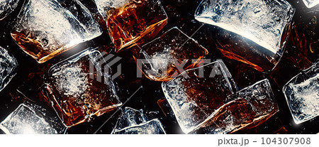 Cola with Ice. Close up of the ice cubes in cola water. Texture of carbonate drink with bubbles in glass. Cola soda and ice splashing fizzing or floating up to top of surface. Cold drink background. 104307908