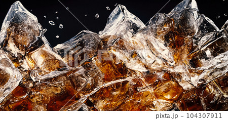 Cola with Ice. Close up of the ice cubes in cola water. Texture of carbonate drink with bubbles in glass. Cola soda and ice splashing fizzing or floating up to top of surface. Cold drink background. Cola with Ice. Close up of the ice cubes in cola water. Texture of carbonate drink with bubbles in glass. Cola soda and ice splashing fizzing or floating up to top of surface. Cold drink background. 104307911