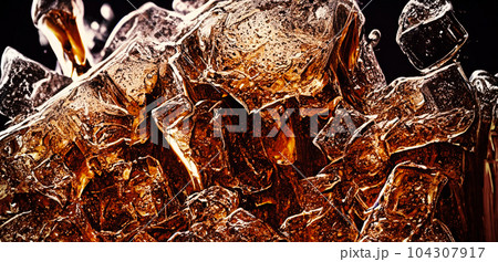 Cola with Ice. Close up of the ice cubes in cola water. Texture of carbonate drink with bubbles in glass. Cola soda and ice splashing fizzing or floating up to top of surface. Cold drink background. Cola with Ice. Close up of the ice cubes in cola water. Texture of carbonate drink with bubbles in glass. Cola soda and ice splashing fizzing or floating up to top of surface. Cold drink background. 104307917