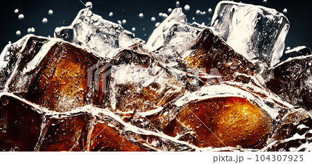 Cola with Ice. Close up of the ice cubes in cola water. Texture of carbonate drink with bubbles in glass. Cola soda and ice splashing fizzing or floating up to top of surface. Cold drink background. Cola with Ice. Close up of the ice cubes in cola water. Texture of carbonate drink with bubbles in glass. Cola soda and ice splashing fizzing or floating up to top of surface. Cold drink background. 104307925