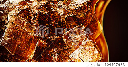 Cola with Ice. Close up of the ice cubes in cola water. Texture of carbonate drink with bubbles in glass. Cola soda and ice splashing fizzing or floating up to top of surface. Cold drink background. Cola with Ice. Close up of the ice cubes in cola water. Texture of carbonate drink with bubbles in glass. Cola soda and ice splashing fizzing or floating up to top of surface. Cold drink background. 104307928