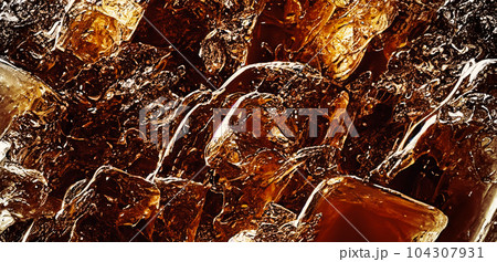 Cola with Ice. Close up of the ice cubes in cola water. Texture of carbonate drink with bubbles in glass. Cola soda and ice splashing fizzing or floating up to top of surface. Cold drink background. Cola with Ice. Close up of the ice cubes in cola water. Texture of carbonate drink with bubbles in glass. Cola soda and ice splashing fizzing or floating up to top of surface. Cold drink background. 104307931