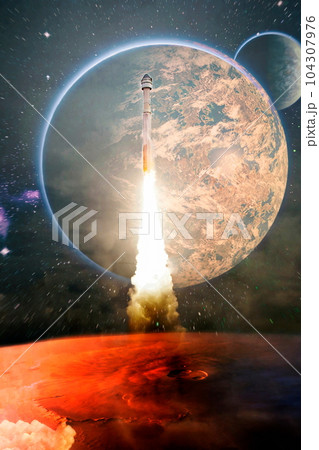 Dark space shuttle launch in the clouds with stars on background.Spaceship flight. Elements of this image furnished by NASA Dark space shuttle launch in the clouds with stars on background.Spaceship flight. Elements of this image furnished by NASA 104307976