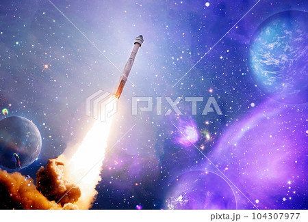 Dark space shuttle launch in the clouds with stars on background.Spaceship flight. Elements of this image furnished by NASA 104307977