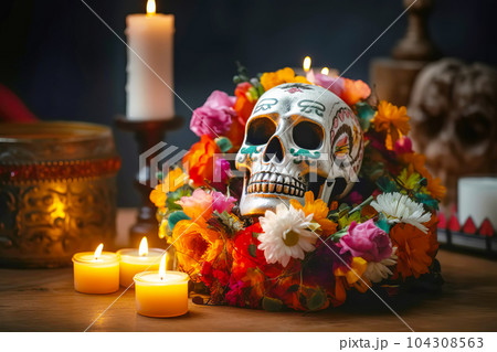 Skull in marigold flowers wreath. Dia de los muertos altar close-up. Generative AI illustration 104308563