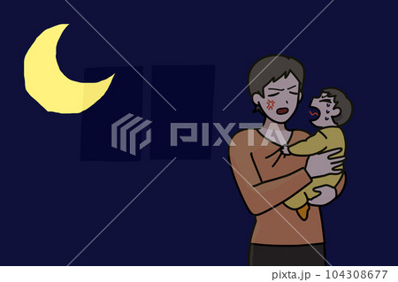 夜泣きがひどい赤ちゃんを抱っこする、怒った母親 104308677