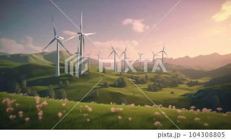 Wind turbines on the green hills against the colorful sunset sky. Production of renewable green energy. Sustainable development concept. Mockup, 3D rendering. Wind turbines on the green hills against the colorful sunset sky. Production of renewable green energy. Sustainable development concept. Mockup, 3D rendering. 104308805